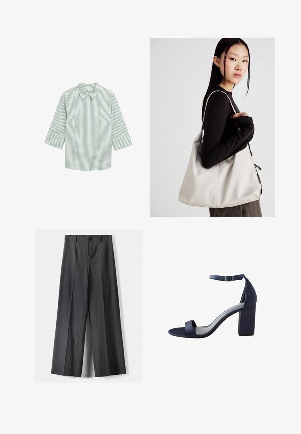 Zielono-biała w paski koszula z guzikami, z kołnierzykiem, rękawami o długości 3/4 oraz dwoma przednimi kieszeniami. Miękka tkanina o gładkiej fakturze.; Spodnie o szerokich nogawkach w ciemnoszarym kolorze, z zapięciem na guzik, plisami z przodu i szlufkami na pasek. Gładka faktura z dopasowanym krojem.; Granatowe sandały na wysokim obcasie o gładkiej teksturze, szeroki pasek na palcach, pasek wokół kostki i słupkowy obcas dla lepszej stabilności.; Beżowa torebka wykonana z miękkiego materiału, charakteryzująca się luźnym fasonem, wyszywanymi detalami i dwoma uchwytami na ramię. Idealna na co dzień.