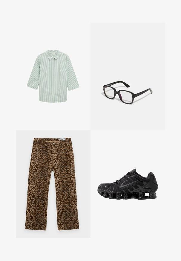 Grün-weiße gestreifte Hemdbluse mit Kragen, Dreiviertelärmel und zwei Vorderaschen. Weicher Stoff mit glatter Textur.; Leopardenmuster-Hose mit einem braunen und schwarzen Muster, geradem Bein und klassischem Fünf-Taschen-Design. Hergestellt aus einem Baumwoll-Mischgewebe.; Schwarzer Sportschuh mit Mesh-Obermaterial und glänzenden Überzügen. Verfügt über eine geschwungene Spiraldämpfung und strukturierte Linien an der Seite. Nike-Logo sichtbar.; Schwarze rechteckige Brille mit klaren Gläsern, abgerundeten Kanten und seitlichen Akzenten, mit glänzender Oberfläche des Rahmens und der Bügel.; Even&Odd Shopping Bag - black