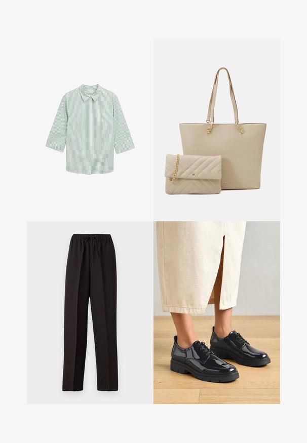 Camicia a righe verdi e bianche, con colletto, maniche a tre quarti e due tasche frontali. Tessuto morbido con una superficie liscia.; Pantaloni neri a gamba larga con cintura elastica e cordoncino regolabile. Realizzati in un tessuto leggero e liscio senza motivi visibili.; Scarpe in pelle verniciata nera con una spessa suola nera, caratterizzate da un design con lacci e punte tonde, indossate con una gonna beige chiaro.; Borsa tote beige con manici piatti, texture liscia e hardware dorato, abbinata a una pochette trapuntata coordinata con tracolla a catena.