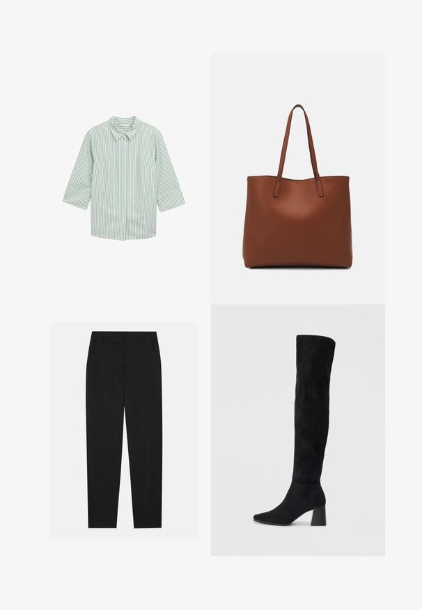 Grøn- og hvidstribet skjorte med knapper, krave, trekvartærmer og to frontlommer. Blødt stof med en glat tekstur.; Sorte bukser med en skræddersyet design, der har sidelommer og lige ben. Lavet af glat, letvægtsstof med en elegant finish.; Sorte ruskind støvler i knæhøjde med blokheel, spids tå og glat, sømløs design på en enkel lys baggrund.; Brun læder tote taske med en glat overflade, åben topdesign og to skulderremme. Har minimal syning og ingen synlig hardware.