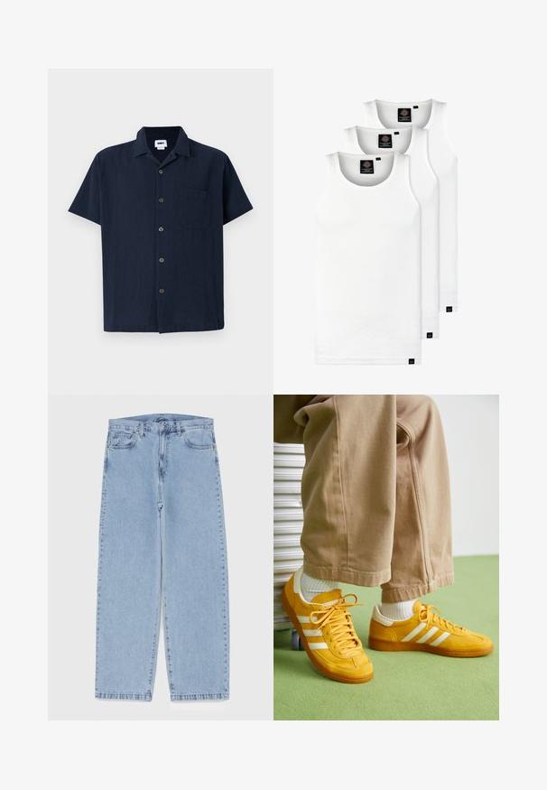 Camisa de manga corta de color azul marino oscuro hecha de tejido texturizado, con cuello, bolsillo frontal y seis botones en la parte delantera.; Tres camisetas sin mangas de algodón de color blanco con canalé. Cuentan con cuello redondo y pequeñas etiquetas negras cerca del dobladillo. Disponibles en múltiples tamaños.; Jean de mezclilla azul claro con diseño de pierna recta, con una cintura de altura media, cinco bolsillos y un cierre de botón y cremallera.; Zapatillas de ante amarillo con rayas blancas, que cuentan con una suela de goma, cordones de tela y un cuello acolchado, combinadas con pantalones de algodón beige.