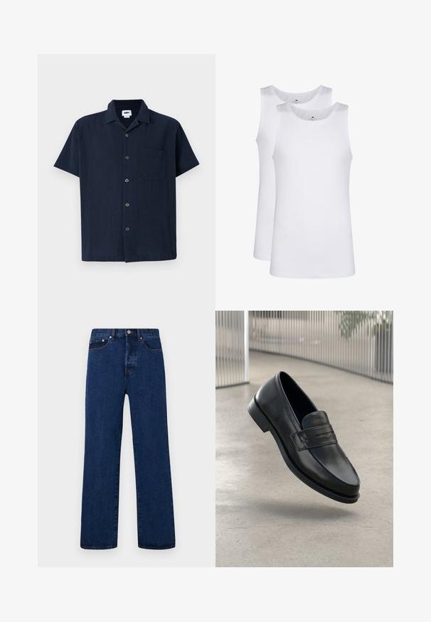 Tamsiai mėlyna trumpomis rankovėmis marškiniai iš struktūrinio audinio, su apykakle, priekine kišenė ir šešiais mygtukais priekyje.; Balti balti medvilniniai tankiai, be rankovių dizainas, apvalus kaklas, vientisas paviršius, pagaminti iš minkštos, lengvos medžiagos. Pavaizduoti du vienetai.; Tamsiai mėlynos džinsinės kelnės su tiesiu kirpimu, su oranžiniais siūlais, mygtukų užtrauktuku ir dviem priekinėmis kišenėmis su kontrastingais nago laikikliais.; Juodos spalvos odinės šlepetės su lygia tekstūra, smailiu priekiniu skyriumi ir dekoratyviu dirželiu per pėdos viršų. Lengvas padažas, minimalistinis dizainas.