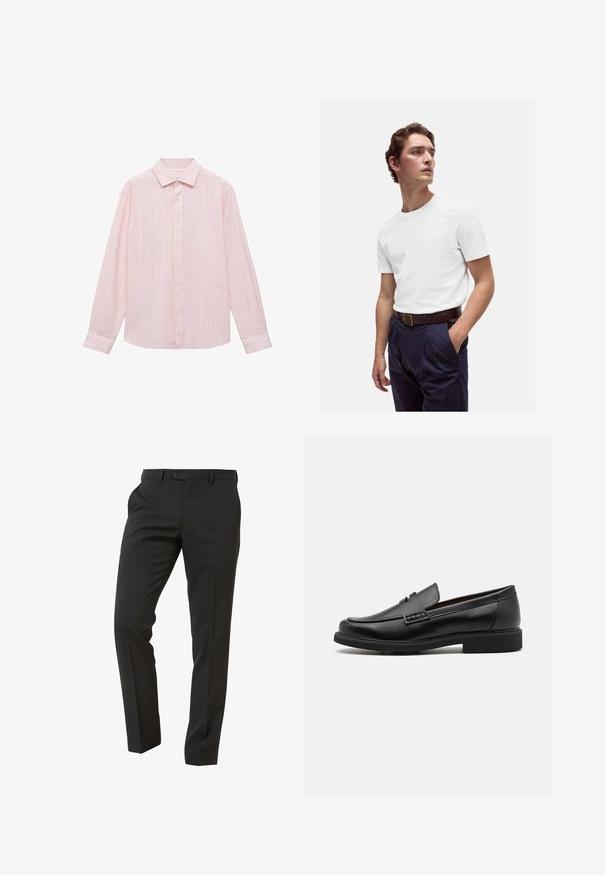 Jasnoróżowa koszula z cienkimi białymi paskami, długimi rękawami, wywijanym kołnierzykiem oraz zapięciem na guziki z dopasowanymi guzikami.; Biała bawełniana koszulka z okrągłym dekoltem noszona z granatowymi spodniami w kant i brązowym skórzanym paskiem z złotą klamrą.; Next Trousers - Suit Trousers Slim Fit - Spodnie garniturowe; Czarne syntetyczne mokasyny z wyraźnym przeszyciem z przodu, wyściełaną wkładką i płaską gumową podeszwą; smukły design z minimalnymi detalami.