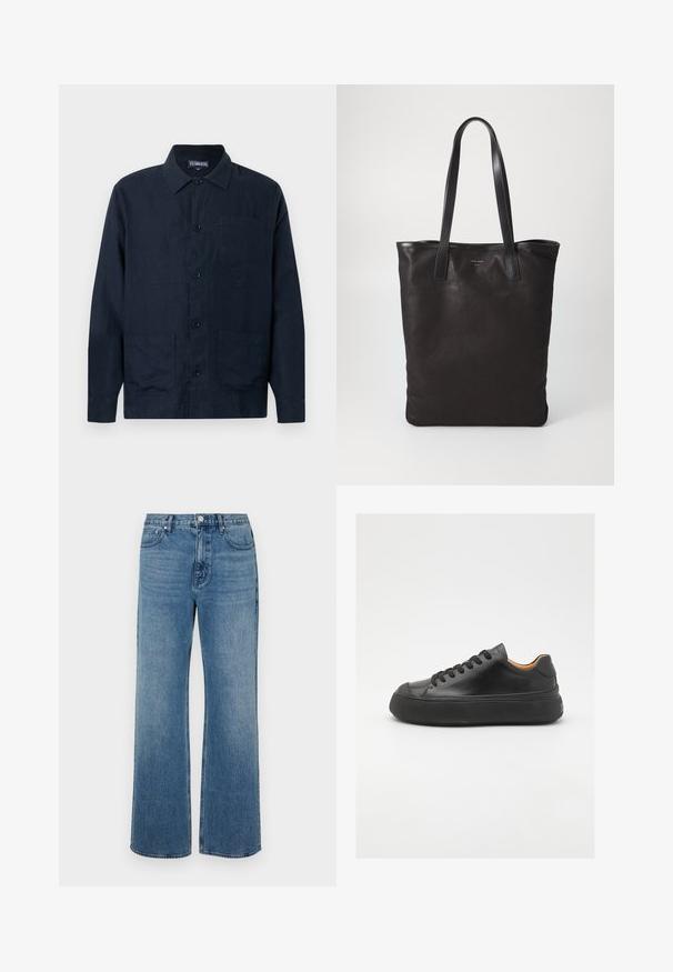 Herren Hemdjacke aus dunkelblauem Leinen mit langen Ärmeln, Kragen, Knopfverschluss und drei vorderen Taschen, darunter eine Brusttasche.; Weite blaue Jeans aus Denim mit einem verblassten Finish. Verfügt über fünf Taschen, einen Frontknopfverschluss und einen geraden Schnitt.; Schwarze Ledersneaker mit runder Zehenpartie, schnürbarem Vorderteil, glatter Oberfläche, dickem Gummisohle und kontrastierendem, braunem Innenraum.; Schwarze Stofftote mit schwarzen Ledergriffen. Einfaches Design, geräumiger Körper und glatte Textur. Keine sichtbaren Logos oder Muster.