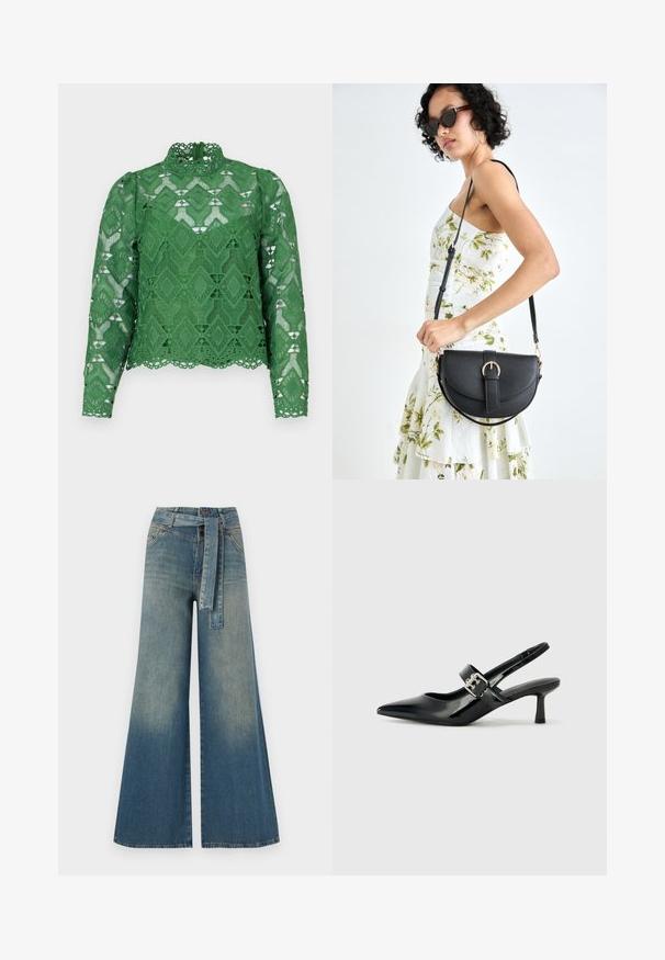 Grön spetsblus med långa ärmar, hög krage och diamantmönstrad tyg. Detaljerad scallopkant och intrikat utskärningsdesign.; Breda denimbyxor med en ljus till mörkblå gradient, hög midja, bälteshällor och ett matchande tygbälte. Texturerad denimfinish.; Svarta patentläder slingback-klackar med spetsig tå och en liten blockklack, med en silvrig spänneaccent på remmen.; Svart läderhandväska med en böjd form, avtagbar rem och guldiga detaljer. Väskan har ett lock med en spänndetalj.