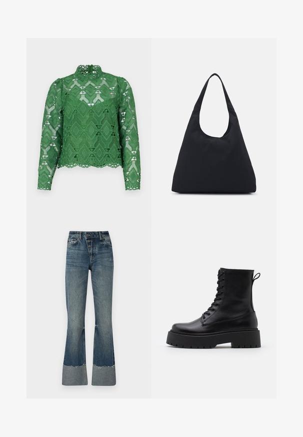 Green lace top with long sleeves, high neck, and diamond-patterned fabric. Detailed scalloped hem and intricate cut-out design.; Denim flared jeans in medium blue with a high waist, five buttons, and frayed hem. Features a lighter cuff at the bottom and faded texture.; Black leather ankle boots with a round toe, lace-up front, and a thick rubber sole featuring a textured tread. Pull tab at the back.; Black fabric bag with a single, wide shoulder strap. Soft, semi-structured shape and smooth texture; minimal design, without visible hardware.; Silver hoop earrings with a minimalist design. Circular shape, smooth texture, and thin profile. Lightweight with a polished finish.