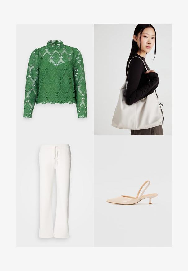 Top en dentelle verte à manches longues, col montant et tissu à motif en losanges. Ourlet festonné détaillé et design découpé complexe.; Pantalons de jogging blancs, à coupe décontractée, fabriqués en tissu doux, dotés d'une taille élastique avec cordon de serrage et d'une conception à jambe droite.; Escarpins slingback en cuir verni beige avec un bout pointu et un talon carré fin. Texture lisse et design minimaliste sans ornement.; Sac à main beige en matériau souple, avec un design décontracté, des détails cousus et deux poignées. Idéal pour un usage quotidien.