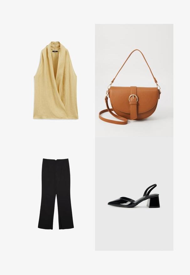 Ærmeløs bluse i lys beige hør, med omslagsdesign og høj hals. Glat tekstur med minimal syningsdetalje.; Sorte bukser med lige pasform, der har frontlommer og slidser i kanten. Lavet af blødt, glat stof. Velegnet til forskellige anledninger.; Sorte patentlæder slingback hæle med spids tå og en geometrisk blok hæl. Har et elegant, minimalistisk design og en glat tekstur.; Brun læder crossbody taske med en buet form, guldfarvet hardware og en spændeaccent. Har en aftagelig skulderrem.