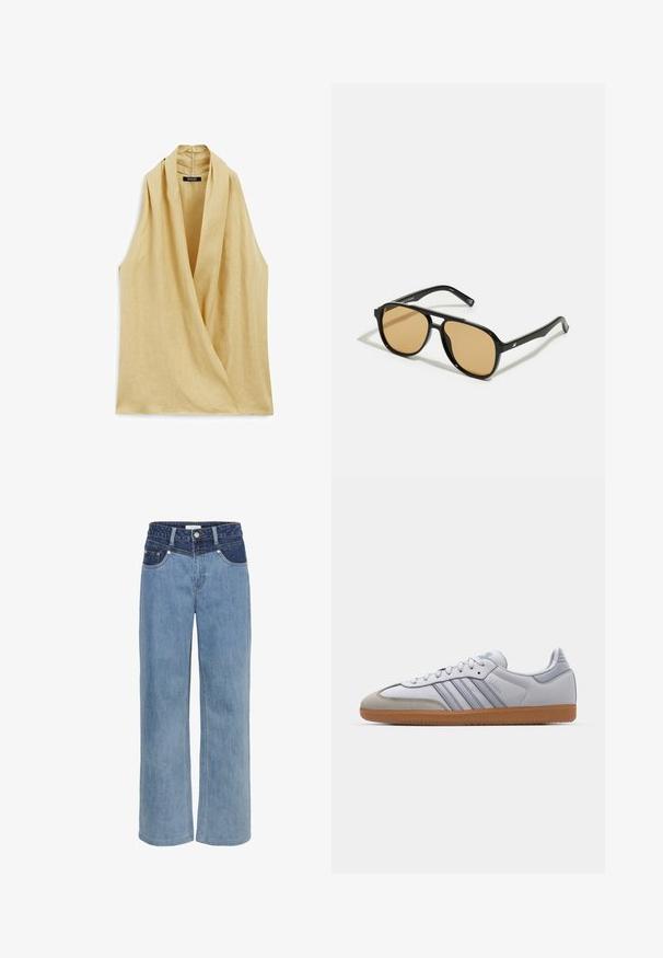 Sleeveless blouse in light beige linen, featuring a wrap design and a high neck. Smooth texture with minimal stitching detail.; Light blue denim wide-leg jeans featuring a high waist, five-pocket design, and contrasting dark blue patch on the front.; White leather sneakers with light blue accents, grey suede toe, and a brown rubber sole. Features three blue stripes and "Samba" branding.; Black sunglasses with brown tinted lenses; rectangular shape with a thick frame, including subtle hardware accents on the temples.