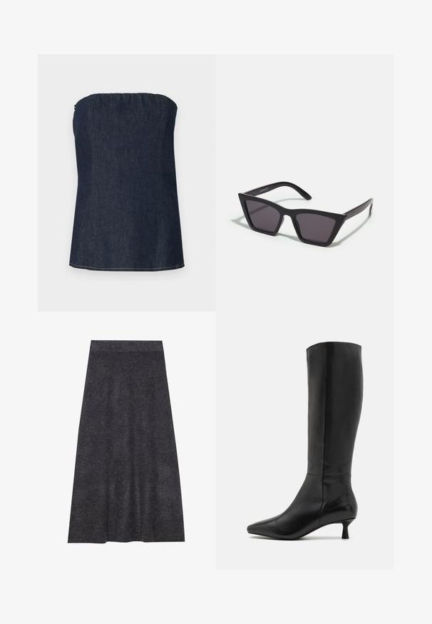 Denim tube top in dark blue, featuring a gathered neckline and clean hem. Smooth texture and minimal stitching detail.; Dark gray, knee-length knit skirt with a smooth texture and a waistband. A-line silhouette with even hem, designed for comfort and versatility.; Zign Boots - black; Black, angular sunglasses with gray lenses; made of plastic, featuring thick arms with a smooth surface and no visible hardware.