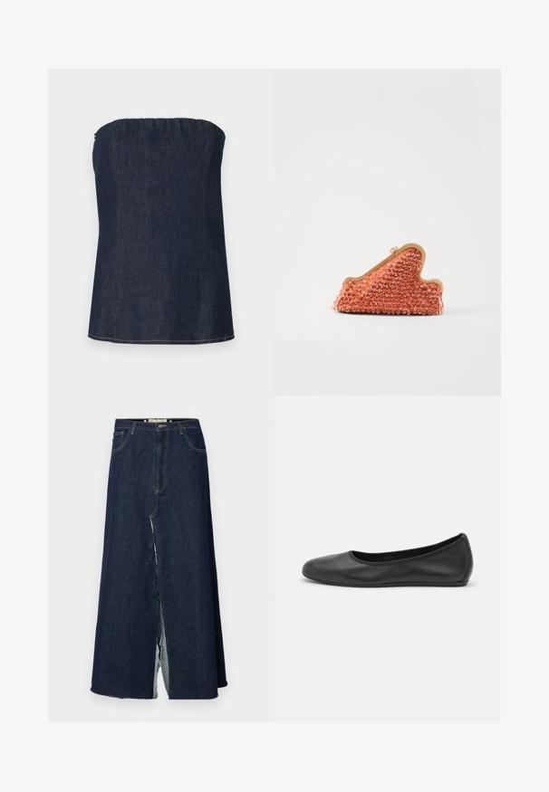 Denim tube top in dark blue, featuring a gathered neckline and clean hem. Smooth texture and minimal stitching detail.; Dark blue denim long skirt with a front slit. Features traditional five-pocket design and visible stitching accents. Hem is frayed.; Black leather ballet flat with a rounded toe, smooth texture, minimal stitching detail, and a flexible sole design.; Cult Gaia GIANA - Clutch - currant