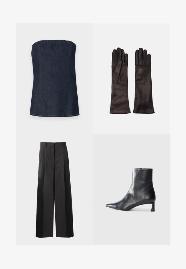 Denim tube top in dark blue, featuring a gathered neckline and clean hem. Smooth texture and minimal stitching detail.; Black wide-leg trousers with a high waist, featuring front pleats, a smooth texture, and a tailored finish. Designed for a relaxed fit.; Black leather ankle boot with a pointed toe and a sleek design. Features a low heel and a zipper closure at the back. Smooth texture.; Weekend Max Mara SENAPE - Gloves - nero