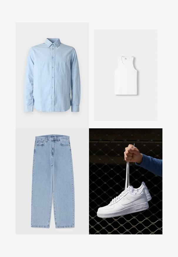 Samsøe Samsøe LIAM SHIRT - Camicia - light blue; Canotta bianca in cotone con scollatura rotonda, spalline larghe e orlo dritto, caratterizzata da una superficie liscia e senza motivi visibili.; Jeans in denim azzurro chiaro con design a gamba dritta, caratterizzati da una vita media, cinque tasche e chiusura con bottone e zip.; Sneakers in pelle bianca con perforazioni, punta rotonda, suola piatta e lacci spessi, con logo swoosh visibile e "AIR" sul tallone.