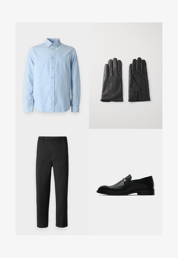 Samsøe Samsøe LIAM SHIRT - Camicia - light blue; Pantaloni neri a gamba dritta, realizzati in tessuto liscio. Presentano una chiusura con bottone e passanti per cintura. Nessun motivo o dettaglio visibile.; Mocassino da uomo in pelle nera con dettaglio in metallo, tacco basso e suola con marchio, mostrato di lato su uno sfondo bianco.; Guanti in pelle nera con cinque dita, caratterizzati da cuciture decorative. L'interno ha un rivestimento morbido e un design con l'indice aperto.