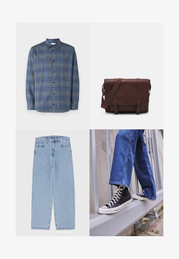 Blå og grå rutete skjorte med knappedown krage, lange ermer, frontlukk med knapper og rett nederste kant. Lett stofftekstur.; Langermet hvit t-skjorte laget av myk bomull. Rund hals med rette skjæringer og uten synlige mønstre eller grafikker.; Lyseblå denimjeans med rett ben-design, med mid-rise liv, fem lommer og knap og lynlås lukning.; Svarte høy-hælte joggesko med hvit såle og snøring, paired med løse blå denim-jeans, hvilende på et grått rekkverk.; Brun lær messenger bag med en flat frontklaff, to stropper, gullfargede detaljer og en justerbar skulderrem.