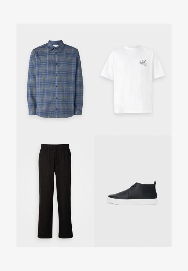 Blue and gray plaid shirt with a button-down collar, long sleeves, front button closure, and a straight hemline. Lightweight fabric texture.; White cotton t-shirt with short sleeves, crew neck, featuring a black CK logo on the left chest area, standard fit, smooth texture.; Black pants with a relaxed fit, made from lightweight fabric. Features an elastic waistband, button closure, and two front pockets.; Black leather high-top sneakers with a smooth finish, white rubber sole, and simple lace-up design. Features a pull tab at the back.
