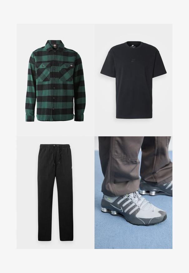 Žalias ir juodas langeliais flanelinis marškinėliai su ilgomis rankovėmis, mygtukų užsegimu, dviem krūtinės kišenėmis ir klasikiniu apykakle. Minkšta tekstūra, universalus dizainas.; Juodas medvilninis Nike marškinėliai su klasikinėmis apykaklėmis, trumpomis rankovėmis ir subtiliu, įspaustu logotipu ant krūtinės. Sklandus tekstūra.; Juodos vilnonės kelnės su elastiniu juosmeniu ir raišteliais, dviem priekinėmis kišenėmis ir maža slogo ant šlaunies.; Pilki ir sidabriniai Nike Shox sportiniai bateliai pasižymi elegantišku dizainu, pagaminti iš tinklinės ir sintetinės medžiagos, turi apvalų pirštą ir paminkštintą apykaklę.