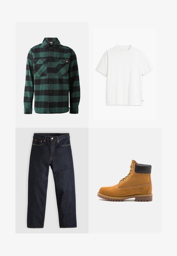 Green and black plaid flannel shirt with long sleeves, button-up front, two chest pockets, and a classic collar. Soft texture, versatile design.; White cotton t-shirt with short sleeves, round neckline, and a subtle "Levi's" logo printed in light color on the front.; Dark blue denim jeans with a straight cut, five pockets, contrasting orange stitching, and a button fly. No visible patterns or embellishments.; Tan suede ankle boot with black padded collar, gold metal eyelets, white stitching detailing, and rugged rubber sole with pronounced treads.