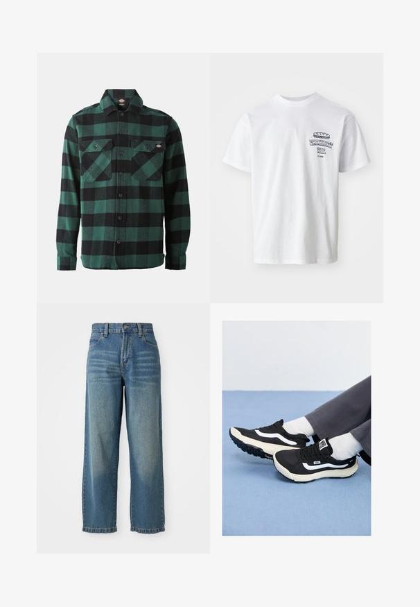 Grønn og svart rutete flanellskjorte med lange ermer, knappfront, to brystlommer og klassisk krage. Myk tekstur, allsidig design.; Hvit bomulls t-skjorte med korte ermer, rund hals og et grafisk trykk som viser teksten "Carhartt WIP" og en matillustrasjon på brystet.; Lyseblå denim bukser med vide ben og høy midje, fem lommer og en lett falmet finish. Har knapp- og glidelås-lukkning.; Sorte sneakers med hvite detaljer, mesh- og gummimaterialer, med en teksturert såle og hæltab. Brukt med hvite sokker og grå bukser.