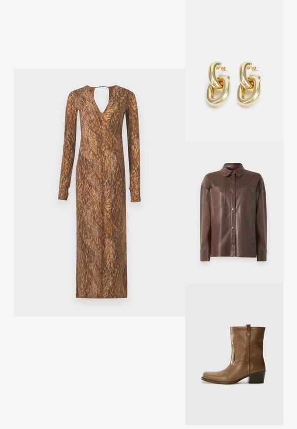 Veste en faux cuir marron avec col, fermeture à boutons sur le devant et deux poches poitrine. Possède une texture lisse et une coupe cintrée.; Robe à manches longues avec un col en V et un dos en forme de clé, présentant une texture et un motif marron évoquant la fourrure sur l'ensemble du tissu.; Bottine en cuir marron avec un orteil carré, une finition texturée et un petit talon empilé. Présente une languette à l'arrière et des détails de couture subtils.; Sac en cuir embossé crocodile marron avec une forme cylindrique, quincaillerie dorée et une bandoulière détachable ornée de clous.; Rabanne XL LINK  DOUBLE HOOP EARRINGS - Boucles d'oreilles - gold-coloured