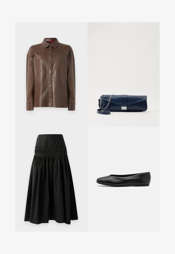 Brun skjortejakke i kunstlæder med krave, frontknaplukning og to brystlommer. Har en glat overflade og en skræddersyet pasform.; Sort knælang nederdel lavet af glat stof, med en tætsiddende talje og rynket design for fylde.; Paul Smith TOPANGA - Ballerinasko - black; Mørkeblå læder clutch med krokodilleskin, sølv kædesti og metallisk lukning. Firkantet form med fold-over design.