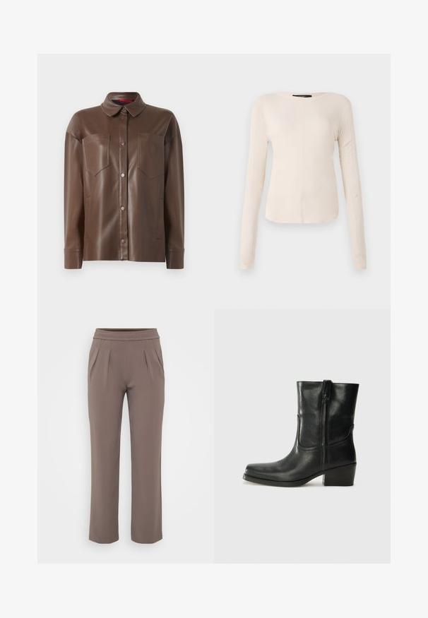 Barna műbőr ingdzseki, galléros nyakkal, elöl gombos záródással és két mellzsebbel. Simára textúrázott és testhezálló szabással rendelkezik.; Hosszú ujjú, világos bézs blúz kerek nyakkivágással. Puha anyagból készült, középső varrással és enyhén ívelt szegéllyel rendelkezik. Nincs rajta látható fémrész.; Taupe színű, lazán szabott nadrág, gumis derékkal és elülső pliszírozással, sima anyagból készült.; Fekete bőr bokacsizma lekerekített orral, blokk sarkúval, oldalsó cipzárral és varrásos díszítéssel az elején. Simább textúra, klasszikus dizájn.