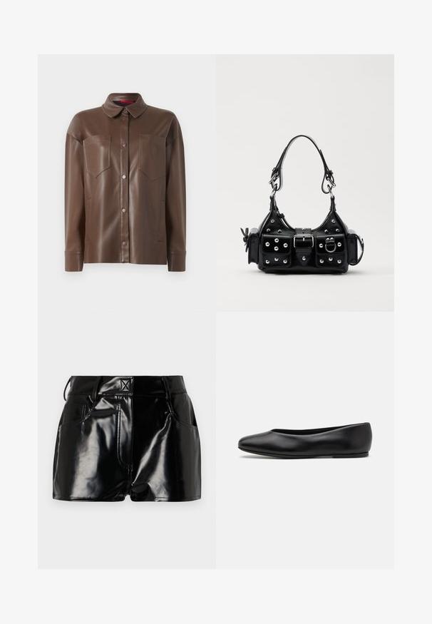 Veste en faux cuir marron avec col, fermeture à boutons sur le devant et deux poches poitrine. Possède une texture lisse et une coupe cintrée.; Shorts noirs et brillants en matériau synthétique. Présentent une taille ajustée, des passants de ceinture et des poches avant avec des détails de couture prononcés.; Paul Smith TOPANGA - Ballerines - black; Sac à main en cuir noir au design courbé, avec des clous en argent, une boucle et deux poches latérales. Bandoulière réglable pour différentes options de transport.