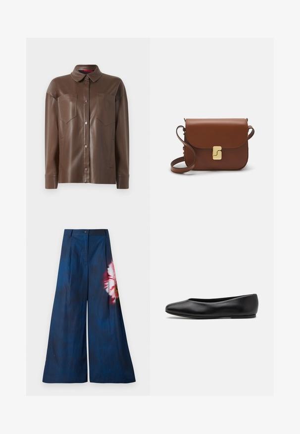Camisa jaqueta em couro sintético castanho com gola, fecho frontal por botões e dois bolsos no peito. Apresenta uma textura suave e um corte ajustado.; Calças largas em tecido azul-marinho escuro, com um padrão floral em rosa e amarelo de um lado, e fecho de botão na cintura.; Paul Smith TOPANGA - Sabrinas - black; Bolsa de couro castanho com fecho de aba, decoração em tom dourado, alça de ombro e textura suave. Formato retangular compacto.