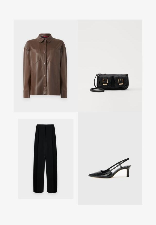 Jacket cămașă din piele ecologică maro, cu guler, închidere frontală cu butoane și două buzunare la piept. Prezintă o textură netedă și o croială ajustată.; Pantaloni negri evazați cu talie înaltă, având plisseuri și o textură netedă. Țesătura pare ușoară și se așază elegant.; Pantofi cu toc slingback negri din patent, cu vârf ascuțit, cu imprimeu de șarpe texturat, curea ajustabilă și toc scurt texturat.; Geantă neagră din piele, tip crossbody, cu două buzunare frontale, catarame aurii, închidere cu fermoar și o curea subțire. Suprafață texturată și formă rectangulară compactă.