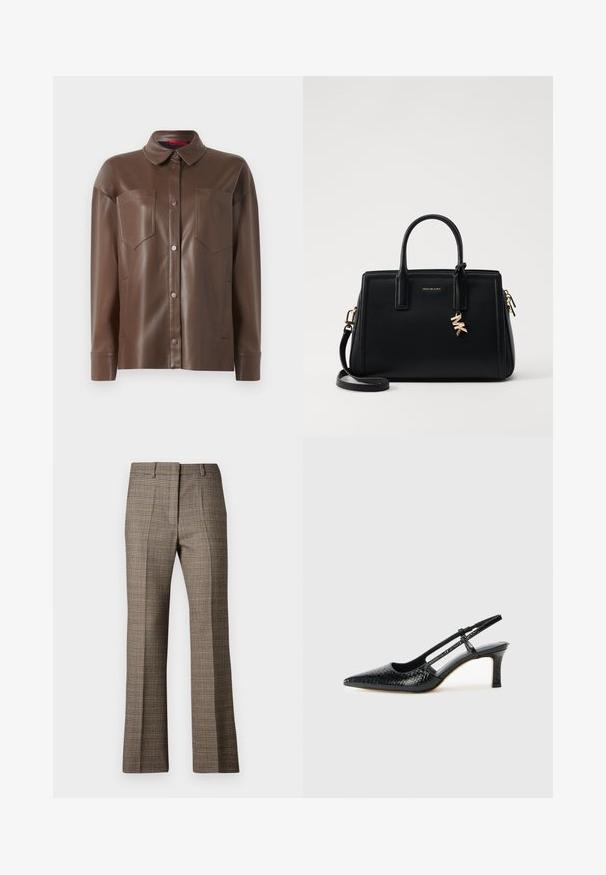 Veste en faux cuir marron avec col, fermeture à boutons sur le devant et deux poches poitrine. Possède une texture lisse et une coupe cintrée.; Pantalons à carreaux marron avec une coupe droite, présentant un tissu texturé et des couleurs subtiles de beige et de bruns plus foncés dans tout le motif.; Escarpin slingback en vernis noir avec un bout pointu, présentant un imprimé serpent texturé, une sangle réglable et un petit talon bloc texturé.; Sac à main en cuir noir avec un design structuré, deux poignées supérieures, une bandoulière amovible, des accessoires en or et un pendentif avec le logo.