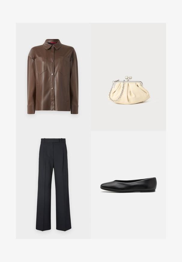 Ruskea tekonahkainen paita takki, jossa on kauluspääntie, etupainonappikiinnitys ja kaksi rintataskua. Ominaisuuksiin kuuluu sileä pinta ja muotonsa pitävä istuvuus.; Tummansiniset raidalliset housut, joissa on korkea vyötärö, leveät lahkeet ja ei näkyviä metalliosia tai koristeita. Sileä pinta ja räätälöity istuvuus.; Paul Smith TOPANGA - Ballerinat - black; Beige nahkaista kassi, jossa on laskostus ja hopeinen metallirunko, kaksi pyöreää koristeellista solkea sekä hopeaketjuolkayh.
