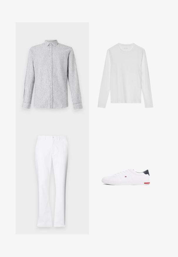 Camicia button-up a maniche lunghe di colore grigio chiaro con righe verticali bianche. Presenta un colletto classico e polsini con motivo a righe.; Maglietta a maniche lunghe bianca in tessuto morbido, con scollo rotondo e design semplice senza motivi o dettagli visibili.; Pantaloni di cotone bianchi con un design a gamba dritta, tasche frontali, chiusura con un bottone e una texture liscia.; Sneakers bianchi a punta bassa realizzati in pelle liscia. Presentano una tomaia blu navy sul tallone e un accento rosso sulla suola. Sei occhielli per i lacci.