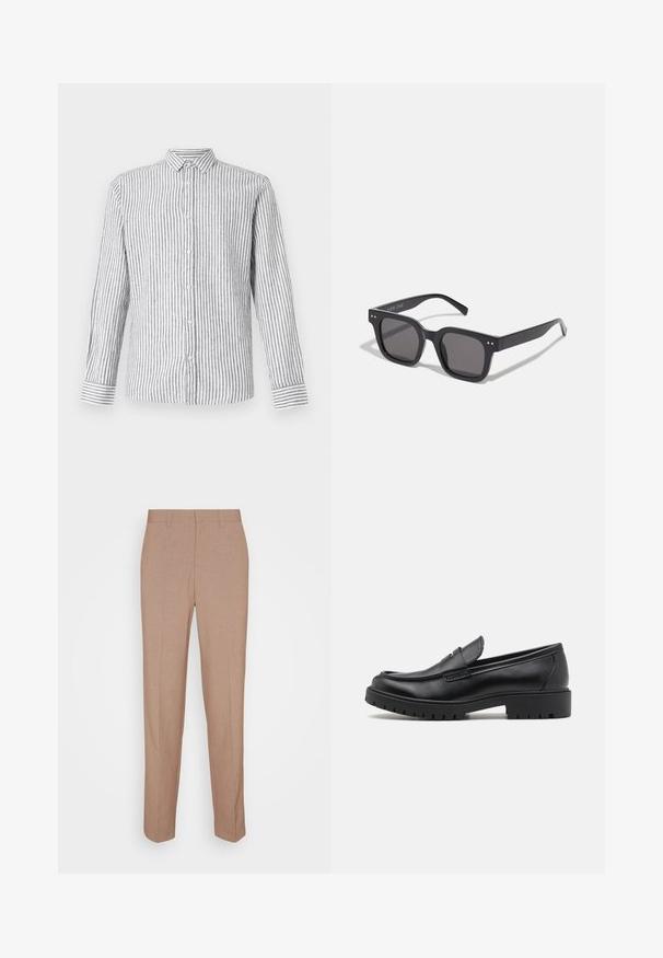 Vaaleanharmaa pitkähihainen nappikauluspaita, jossa on valkoisia pystysuoria raitoja. Siinä on klassinen kaulus ja raidalliset hihansuut.; Valkoinen hihaton toppi, joka on valmistettu ribbikankaasta. Siinä on pyöreä pääntie ja sileä pinta. Etiketissä lukee "PULL&BEAR."; Beige-huolletut housut, jotka on valmistettu tekstuuripintaisesta kankaasta. Niissä on suora lahje, etutaskut ja vyölenkit, sekä siisti viimeistely.; Mustat nahkakengät, joissa on pyöreä varvas, kenkien helposti liukuvat mallit ja paksu kumipohja, jossa on teksturoitu pito. Korotettu kanta ja hillityt ompeluyksityiskohdat.; Mustat suorakulmaiset aurinkolasit tummilla linsseillä, joissa on paksu kehys, hienovaraiset yksityiskohdat sivuilla, eikä näkyviä logoja brändin nimen lisäksi.; Hopeakylkinen ruostumaton teräsrannekello mustalla kellotaululla, jossa on hehkuvat tuntimerkit ja päivämääränäyttö. Varustettu kääntyvällä kehyksellä ja linkkirannekkeella.