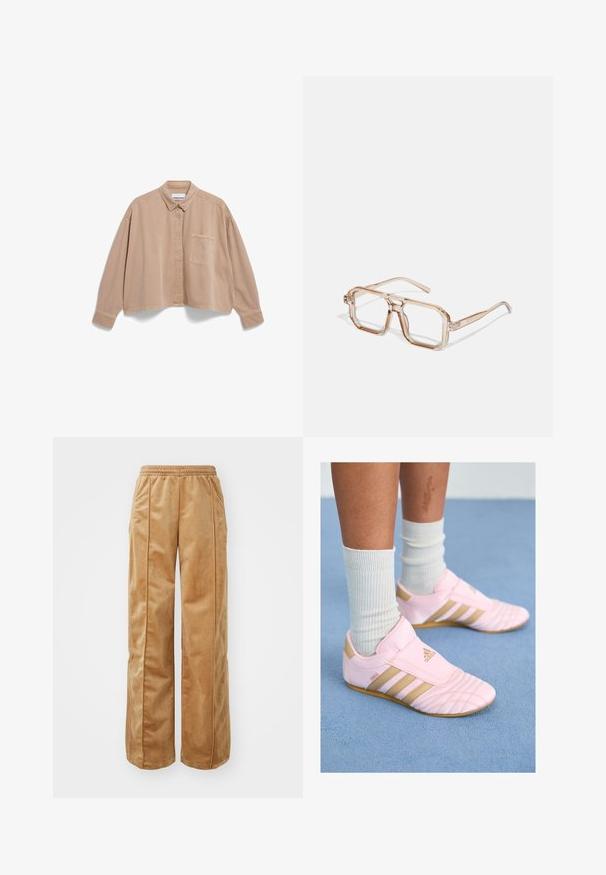 Beige, kurz geschnittenes Hemd aus weichem Stoff, mit spitzem Kragen, einer Brusttasche und genähten Details an den Nähten.; Beigeweite Hosen aus weichem, samtigem Material. Verfügt über einen elastischen Bund und vertikale Nähte an der Vorderseite für zusätzliche Details.; Rosa Sport Schuhe mit goldenen Akzenten, strukturiertem Vorderteil und einem Design mit drei Streifen. Getragen mit gerippten weißen Socken. Flache Gummisohle.; Transparente hexagonale Brillen mit hellbraunen Farbtönen; dicke, klare Fassungen und schlanke Bügel; keine sichtbaren Logos oder Muster.; Tasche aus braunem Leder mit glatter Textur, runder Form, zwei Griffen und einem dekorativen Anhänger. Sie verfügt über dezente Nähte und ein schlankes Design.
