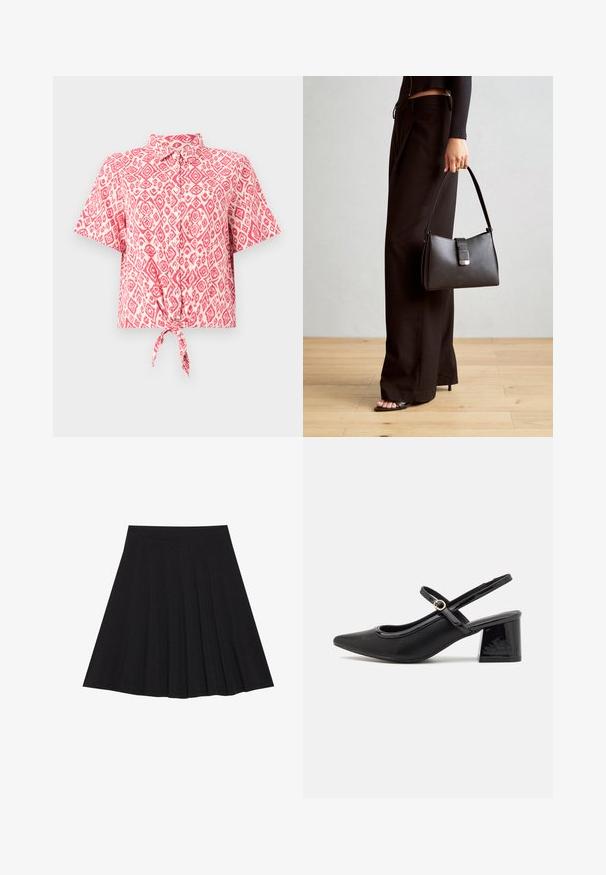 Short-sleeve, button-up shirt featuring a pink and white diamond pattern, with a tied knot detail at the waist. Lightweight fabric texture.; Black pleated skirt made of textured fabric with a fitted waistband. Falls to knee length, featuring a smooth, clean silhouette.; Black patent leather slingback heels with a pointed toe, a rounded cutout design, and a block heel. Features a gold-tone buckle accent.; Black handbag with structured shape, smooth texture, and a metallic clasp. Paired with wide black pants and open-toe sandals on wooden floor.