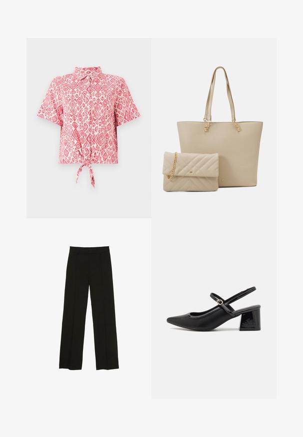 Short-sleeve, button-up shirt featuring a pink and white diamond pattern, with a tied knot detail at the waist. Lightweight fabric texture.; Black wide-leg trousers made from a smooth fabric, featuring a fitted waistband and subtle front pleats for added texture.; Black patent leather slingback heels with a pointed toe, a rounded cutout design, and a block heel. Features a gold-tone buckle accent.; Beige tote bag with flat handles, smooth texture, and gold hardware, paired with a matching quilted clutch featuring a chain strap.