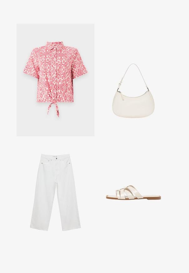 Kratke rokave, s potiskom rožnato-belega diamanta, s pripetim vozlom na pasu. Lahka tekstura tkanine.; Bele široke hlače iz denima, visoke pasu, z petimi žepi in kovinskimi dodatki. Gladek tekstur, brez vidnih vzorcev.; Ravne sandale s svetlo rjavim gumijastim podplatom, zasnovane s tremi prekrivajočimi se belimi usnjenimi trakovi in majhnim lokom na sredini.; Bela usnjena torbica z ukrivljeno obliko, nastavljivim pasom in zgornjim zadrgo zapiranjem. Gladka tekstura z minimalnimi kovinskimi detajli.