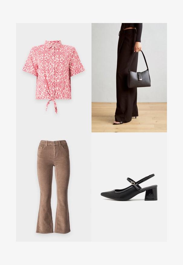 Kratkām piedurknēm, pogājamā krekla ar rozā un baltiem dimantu rakstiem, ar sasietu mezglu jostasvietā. Viegls auduma tekstūra.; Brūni kordūrveida izspiedumi ar ribota tekstūru, ar augsto jostasvietu, piecām kabatām un priekšējo pogu aizdari.; Melns patentēts ādas sandales ar norādīta pirksta formu, noapaļotu izgriezuma dizainu un bloķētu papēdi. Iezīmēta ar zelta toņa sprādzi.; Melnā somiņa ar strukturētu formu, gludu tekstūru un metālu sprādzi. Saskaņota ar platām melnām biksēm un sandālēm ar atvērtu purngalu uz koka grīdas.