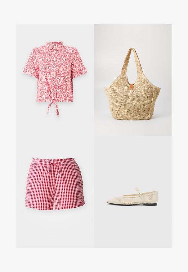 Cămașă cu mânecă scurtă și nasturi, având un model în diamant roz și alb, cu un detaliu legat la talie. Textură de țesătură ușoară.; Șorturi în carouri roșii și albe, cu talie elastică și șnur de ajustare, realizate dintr-un material ușor și având o croială confortabilă.; Balerini bej cu vârf ascuțit, cu un design din plasă, și o curea cu cataramă laterală. Talpă plată cu o textură netedă.; Geantă mare din paie cu un exterior texturat, bej și două mânere late. Dispune de o curea din piele pentru închidere.