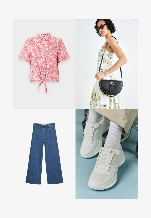 Camicia a maniche corte con bottoni, caratterizzata da un motivo a diamante rosa e bianco, con un dettaglio annodato in vita. Tessuto leggero.; Jeans in denim a gamba larga di blu medio, con vita alta, chiusura con bottone e dettagli delle cuciture verticali a contrasto lungo la parte anteriore.; Sneaker bianchi realizzati in materiale a rete, suola in gomma, design senza lacci con bande elastiche e dettagli in tonalità oro.; Borsa a tracolla nera in pelle con una forma curva, manico rimovibile e accessori dorati. La borsa presenta una patta con un dettaglio a fibbia.