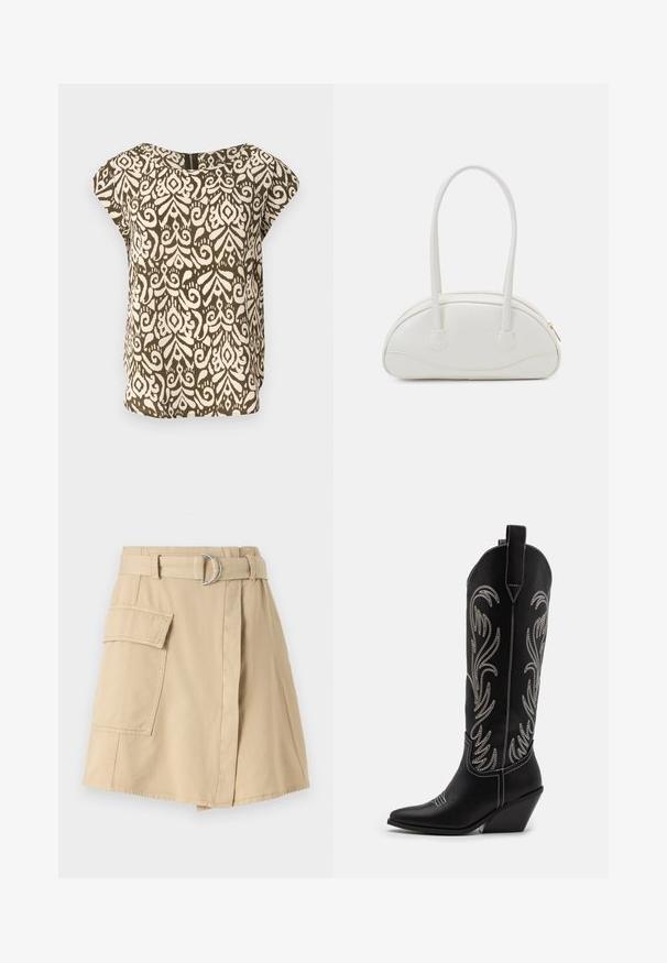 Kurzarmhemd, olivgrün mit cremefarbenem abstraktem Muster, runder Ausschnitt, weicher Stoff, lockere Passform, dezentes Reißverschlussdetail auf der Rückseite.; Beiger Baumwollrock mit einer Seitentasche, tailliertem Bund mit einem silbernen Ring und einer leicht A-Linienform. Glatte Textur und schlichtes Design.; Schwarze Leder-Cowboy-Stiefel mit spitzen Zehen, Keilabsätzen und silbernen, gestickten Blumenmustern entlang des Schafts. Kontrastnähte über das gesamte Design.; Even&Odd Handtasche - off-white
