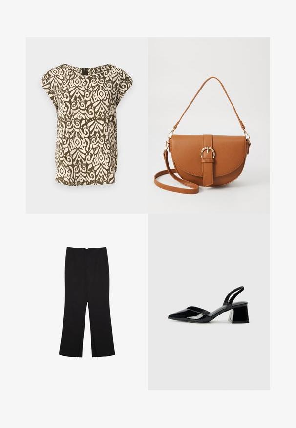Camicetta a maniche corte, verde oliva con motivo astratto crema, scollatura rotonda, tessuto morbido, vestibilità ampia, particolare chiusura con zip sul retro.; Pantaloni neri a gamba dritta, con tasche frontali e spacchi laterali all'orlo. Realizzati in tessuto morbido e liscio. Adatti a diverse occasioni.; Décolleté in vernice nera con punta affusolata e tacco in geometria cubica. Presentano un design elegante e minimalista, con una texture liscia.; Borsa a tracolla in pelle marrone con forma curvata, hardware dorato e un dettaglio con fibbia. Presenta una tracolla rimovibile.