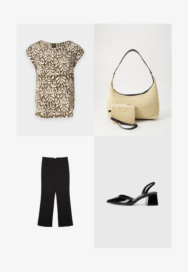 Camicetta a maniche corte, verde oliva con motivo astratto crema, scollatura rotonda, tessuto morbido, vestibilità ampia, particolare chiusura con zip sul retro.; Pantaloni neri a gamba dritta, con tasche frontali e spacchi laterali all'orlo. Realizzati in tessuto morbido e liscio. Adatti a diverse occasioni.; Décolleté in vernice nera con punta affusolata e tacco in geometria cubica. Presentano un design elegante e minimalista, con una texture liscia.; Borsa in paglia intrecciata con silhouette curva, dotata di una tracolla in pelle nera liscia e di una piccola pochette abbinata, attaccata da un cinturino da polso.