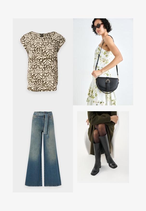 Kortärmad skjorta, olivgrön med krämfärgad abstrakt mönster, rundad halslinje, mjukt tyg, lös passform, subtil detalj med lite dragkedja bak.; Breda denimbyxor med en ljus till mörkblå gradient, hög midja, bälteshällor och ett matchande tygbälte. Texturerad denimfinish.; Knähöga svarta läderstövlar med fyrkantig tå och klack i blockmodell, visade med en modell sittande i en olivgrön kappa. Slät textur, minimal detaljering.; Svart läderhandväska med en böjd form, avtagbar rem och guldiga detaljer. Väskan har ett lock med en spänndetalj.