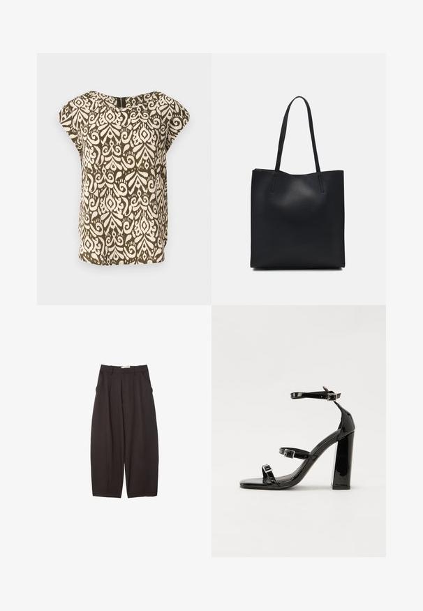 Košeľa s krátkym rukávom, olivovo zelená s krémovým abstraktným vzorom, zaoblený výstrih, mäkká látka, voľný strih, diskrétny zips na chrbte.; Čierne široké nohavice vyrobené z hladkej tkaniny, s vysokým pásom, prednými skladmi a bočnými vreckami. Jednoduchý dizajn bez ozdôb.; Čierne lakované sandále na podpätku so štvorcovou špičkou, navlečenými remienkami okolo členku a striebornými prackami. Disponujú masívnym blokovým podpätkom pre stabilitu.; Čierna kožená taška na rameno s hladkým povrchom, obdĺžnikovým tvarom a dvoma dlhými uchami. Bez viditeľného kovania alebo ozdôb.