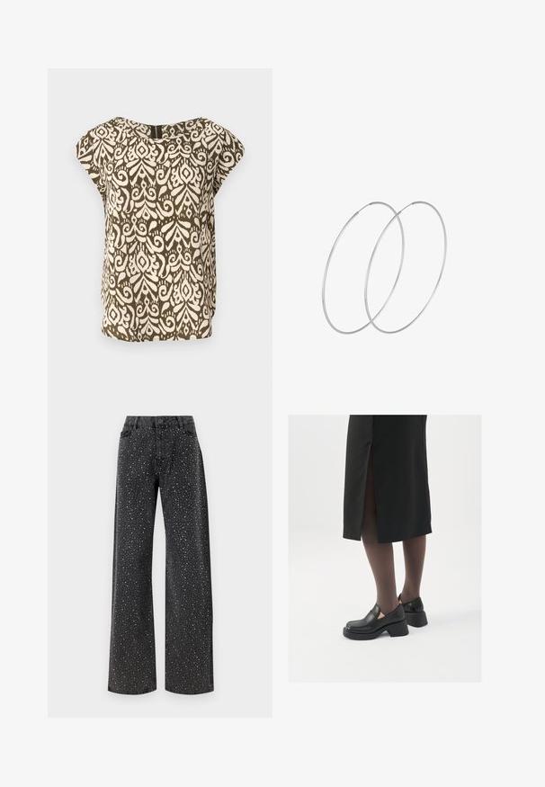 Kurzarmhemd, olivgrün mit cremefarbenem abstraktem Muster, runder Ausschnitt, weicher Stoff, lockere Passform, dezentes Reißverschlussdetail auf der Rückseite.; Noisy May NMJANNEL LOOSE - Jeans Relaxed Fit - black denim; Schwarze Lederschuhe mit abgerundetem Zeh, dicker Blockabsatz und elastischen seitlichen Akzenten, kombiniert mit dunklen Strumpfhosen und einem schwarzen Rock mit Schlitz.; Silberne Creolen mit minimalistischem Design. Rundform, glatte Oberfläche und dünnes Profil. Leichtgewichtig mit hochglänzender Oberfläche.