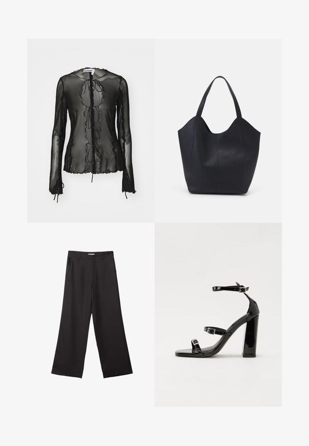 Černá průsvitná halenka s dlouhým rukávem a vlnkovaným lemem, zavazováním na mašličky a texturovanými detaily podél okrajů. Lehká tkanina.; Černé široké kalhoty vyrobené z hladké tkaniny, s předním zipem a dvěma bočními kapsami, s dobře padnoucím střihem a minimalistickým designem.; Černé lakované sandály na podpatku se čtveratou špičkou, lýtkovými pásky a stříbrnými přezkami. Disponují masivním blokovým podpatkem pro stabilitu.; Černá taška přes rameno vyrobená z hladké kůže, s zakřiveným, otevřeným vrchem a dvěma ramenními popruhy, s minimalistickým designem.