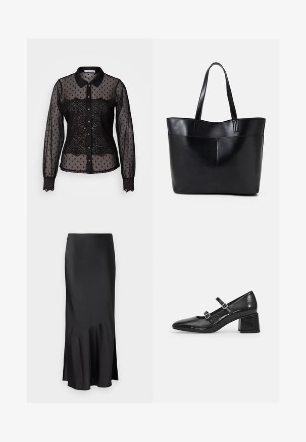 Blusa preta transparente com bolinhas e detalhes em renda, design colarinho, mangas longas, fecho de botão e punhos com borda de renda.; Saia midi em cetim preto com um design elegante, apresentando um leve esvoaçar na bainha e uma abertura lateral para facilitar os movimentos. Textura suave.; Sapatos Mary Jane de verniz preto com biqueira pontiaguda, duas tiras ajustáveis e um salto bloco robusto. Textura suave e acabamento brilhante.; Bolsa tote preta em couro com duas alças longas, textura suave e forma estruturada. Apresenta um bolso frontal para armazenamento adicional.