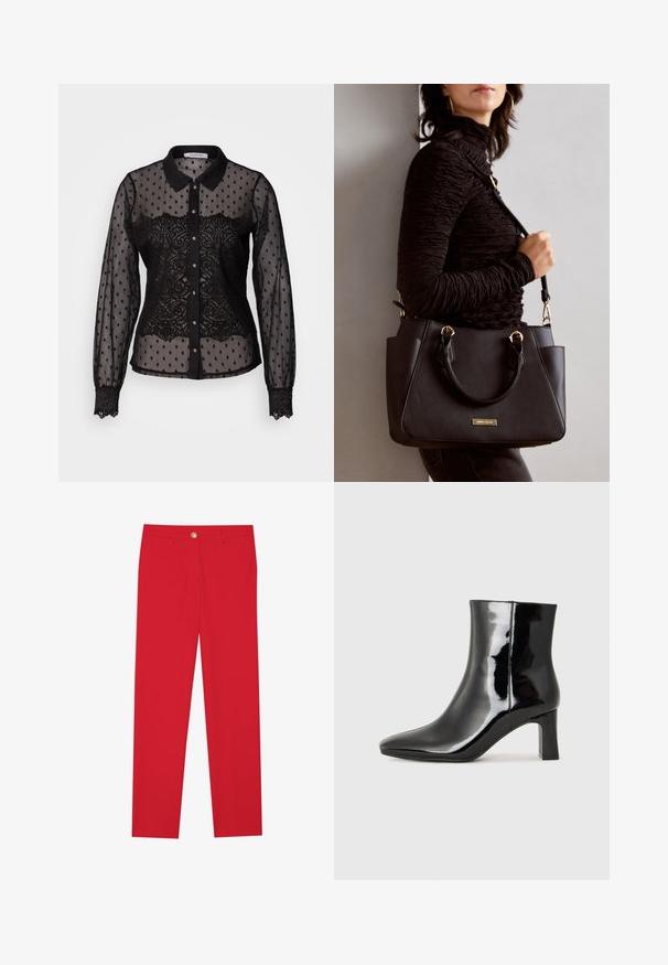 Black sheer blouse with polka dots and lace detailing, collared design, long sleeves, button closure, and lace-trimmed cuffs.; Red trousers with a straight-leg fit, flat front, single button closure, and two side pockets. Smooth fabric with no visible patterns or accents.; Black patent leather ankle boot with a pointed toe and a mid-height block heel. Smooth texture and minimalist design.; Black handbag with textured surface, dual top handles, and adjustable shoulder strap. Features gold-tone hardware and side pockets.
