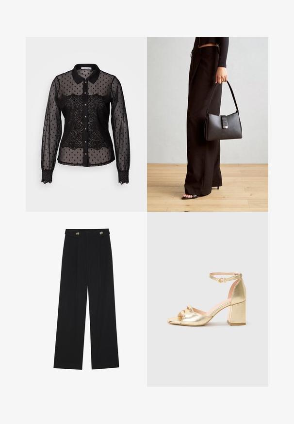 Blouse noire transparente avec des pois et des détails en dentelle, design avec col, manches longues, fermeture à boutons et poignets bordés de dentelle.; Pantalons larges noirs à taille haute, avec des détails de boutons à la taille et des plis sur le devant.; Sandale à talons hauts métalliques dorés avec un talon carré, une bride de cheville avec boucle et un design à bout ouvert sur un fond blanc uni.; Sac à main noir à la forme structurée, texture lisse et fermoir métallique. Associé à un pantalon noir ample et des sandales ouvertes sur un sol en bois.